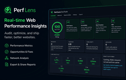 Small PerfLens promotional tile with feature list and dashboard preview.