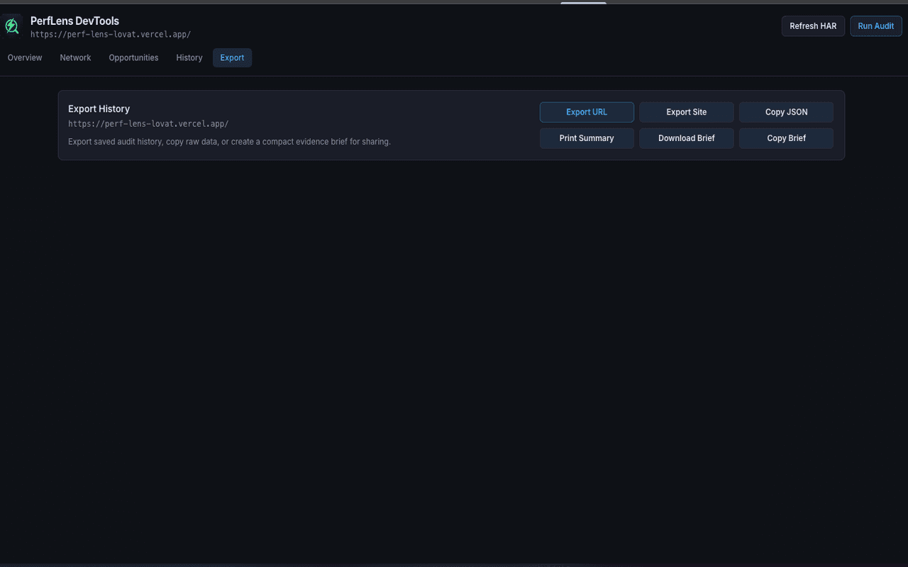 PerfLens export tab with report export actions.